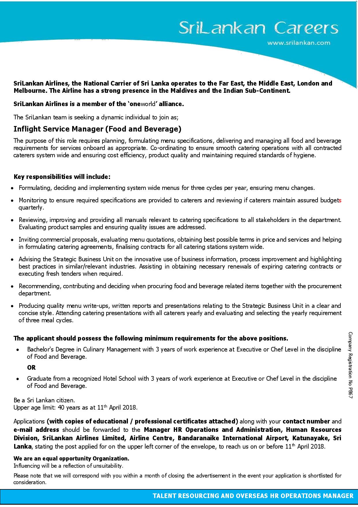 Inflight Service Manager (Food and Beverage)