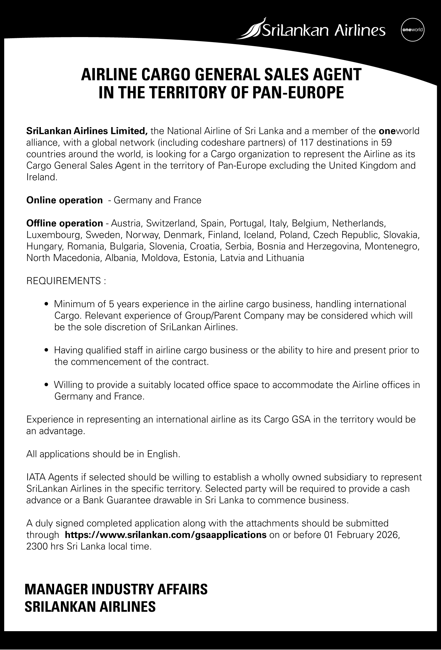 AIRLINE CARGO GENERAL SALES AGENT
IN THE TERRITORY OF PAN-EUROPE