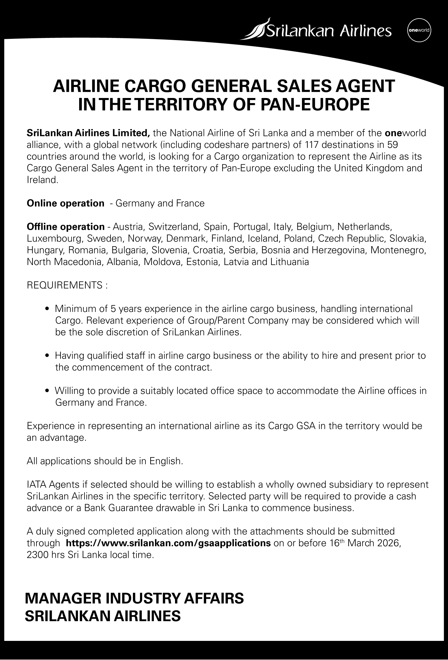 AIRLINE CARGO GENERAL SALES AGENT
IN THE TERRITORY OF PAN-EUROPE