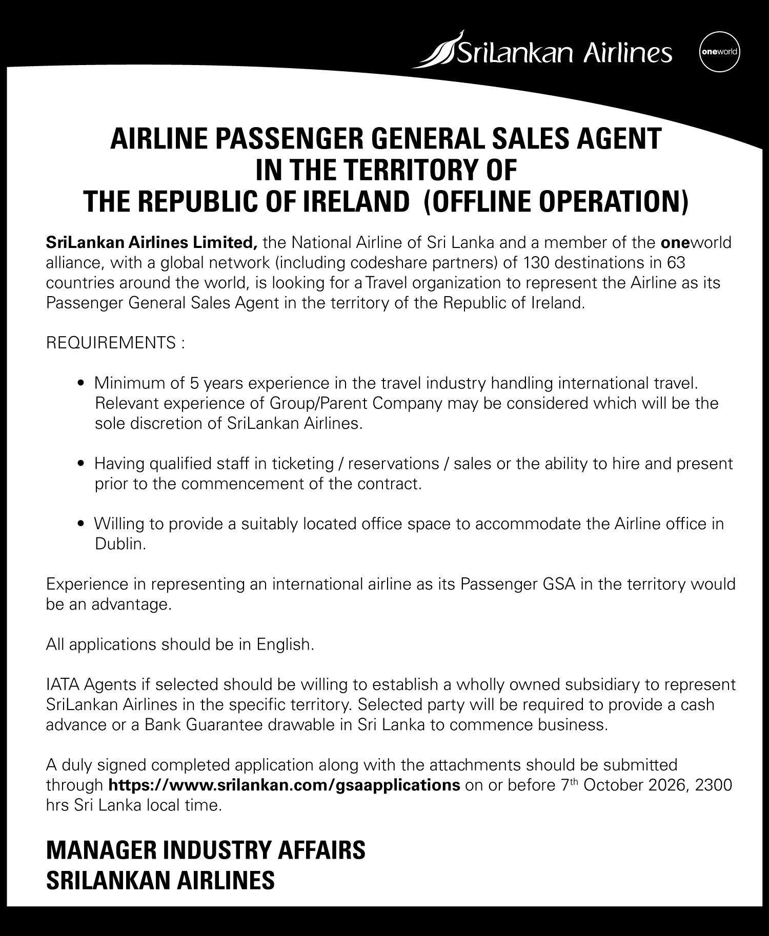 AIRLINE PASSENGER GENERAL SALES AGENT IN THE TERRITORY OF THE REPUBLIC OF IRELAND (OFFLINE OPERATION)