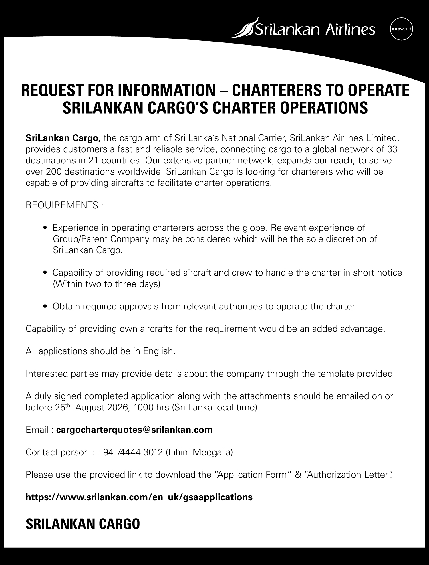 REQUEST FOR INFORMATION - CHARTERERS TO OPERATE
SRILANKAN CARGOS CHARTER OPERATIONS