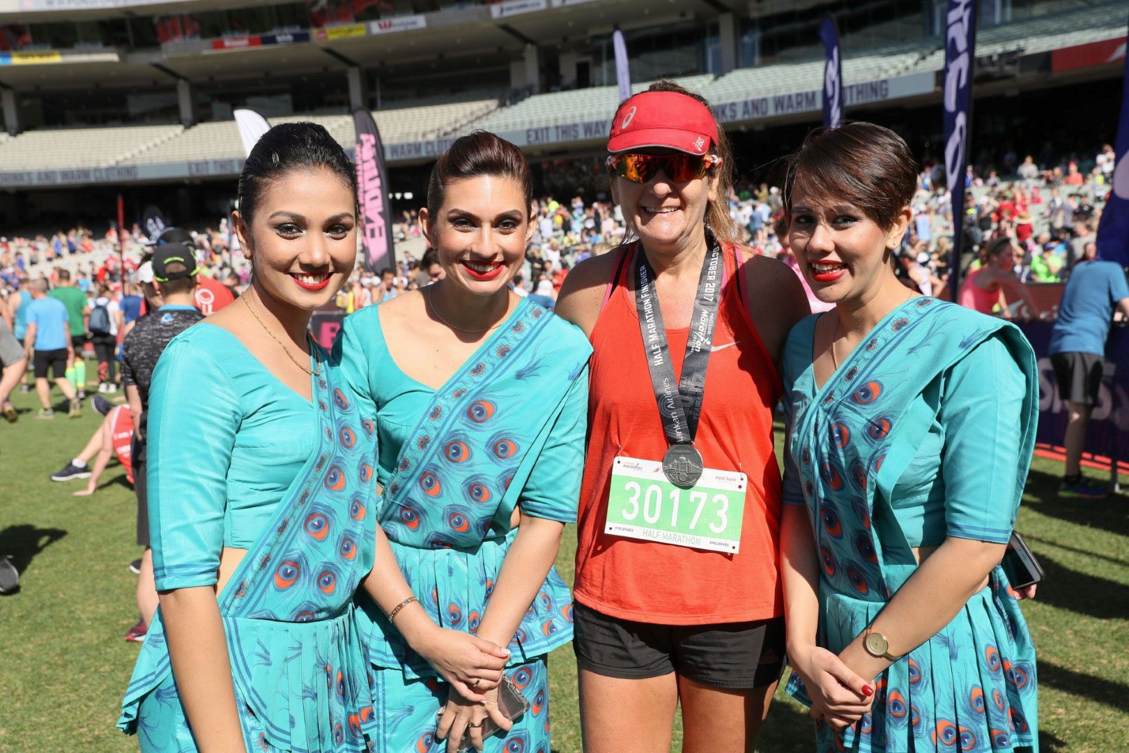 Margherita Traina pictured with SriLankan Airlines cabin crew members. She has competed in eleven marathons and nineteen half marathons around the world. Trainer is keen to run the Colombo Marathon and experience the Sri Lankan culture