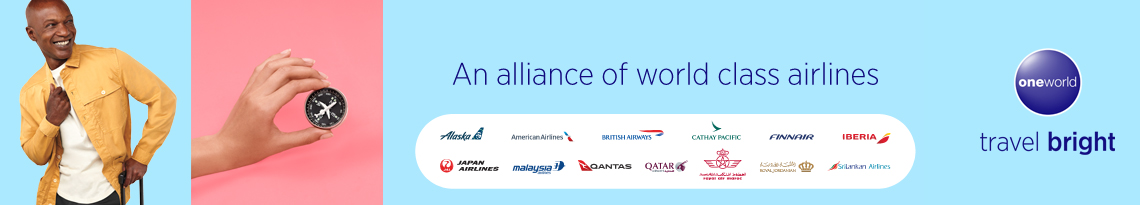 SriLankan Airlines flight flying over the oneworld logo with the oneworld partner logos on the left of the screen